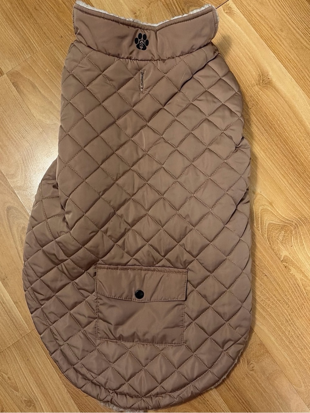 Tan quilted diamond pattern dog coat A sherpa jacket for dogs.